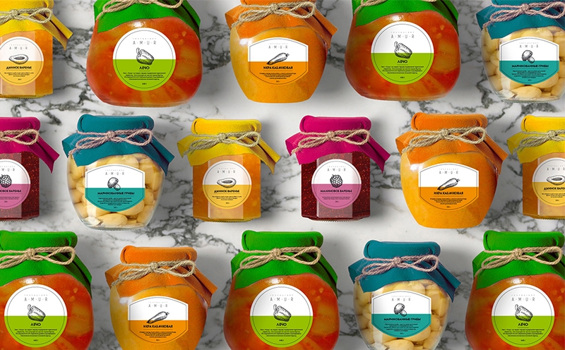 罐裝食品插畫包裝設(shè)計-覆盆子果醬，瓜果醬，腌制蘑菇，蔬菜魚子醬和檸檬汁